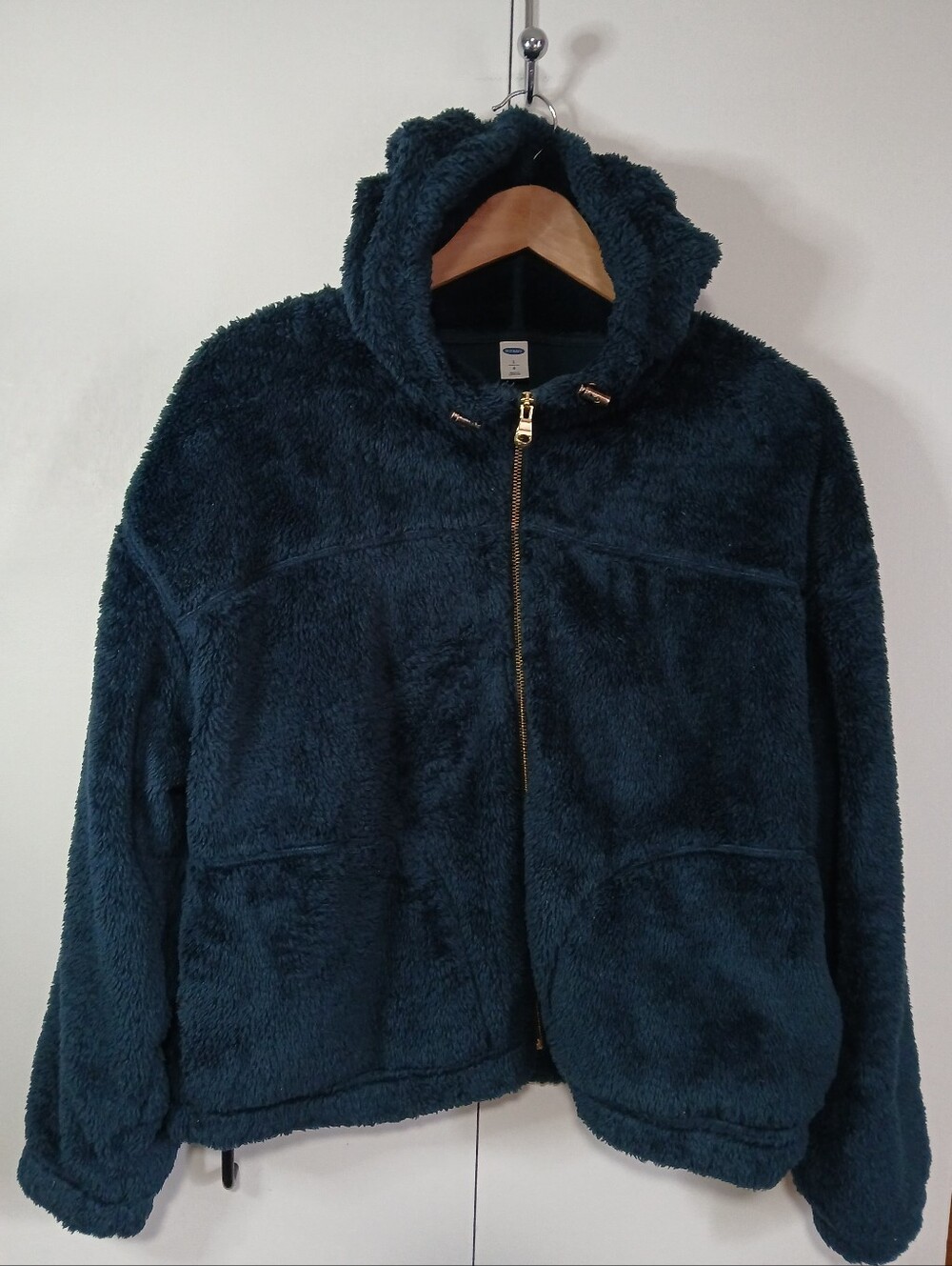 ​Old Navy Teal Blue Fuzzy Plush Fleece Full Zip Hooded Jacket Gold Zip L